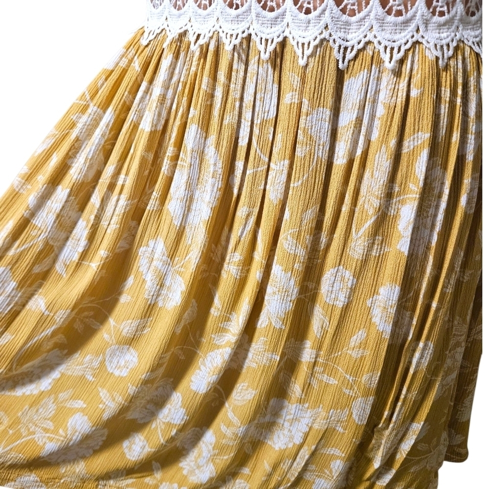 Wmns Crochet & Yellow Floral Sundress Sz LG Lace Cutout Feminine Coquette Boho - Picture 6 of 16